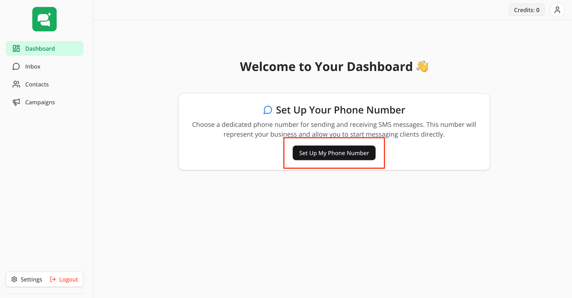 Screenshot of the dashboard highlighting the 'Set Up My Phone Number' button