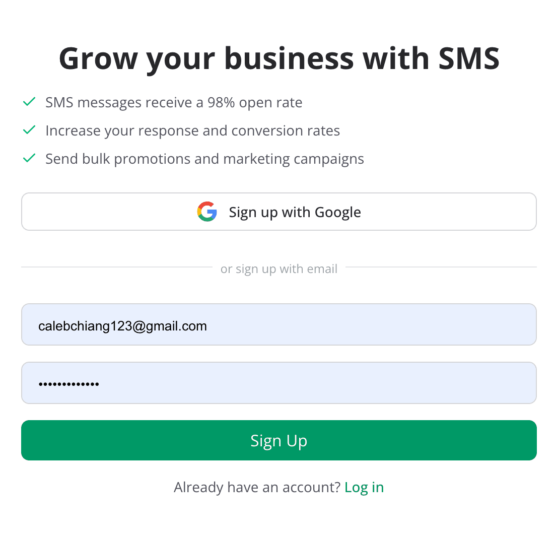 Screenshot of the TextFlow signup form